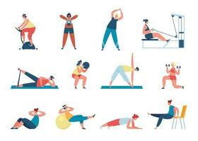 Women exercise with sports equipment, working out at home or gym. Female characters doing squats, practicing yoga, fitness training vector set