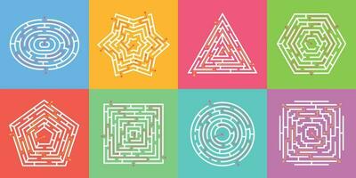 Labyrinth game, finding way puzzle mazes, round maze. Simple labyrinths in various shapes, logic find path games for children vector set