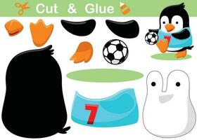 Cute penguin playing soccer. Education paper game for children. Cutout and gluing. Vector cartoon illustration