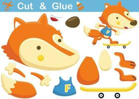 Funny fox skateboarding. Education paper game for children. Cutout and gluing. Vector cartoon illustration