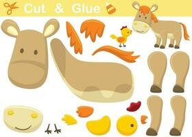 Donkey with chicken. Education paper game for children. Cutout and gluing. Vector cartoon illustration