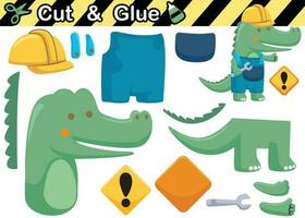 Crocodile in worker costume with monkey wrench. Education paper game for children. Cutout and gluing. Vector cartoon illustration