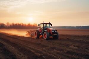 tractor en un agrícola campo. siembra, cosecha. generativo ai foto