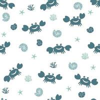 Marine seamless pattern with cute cartoon crabs and shells vector