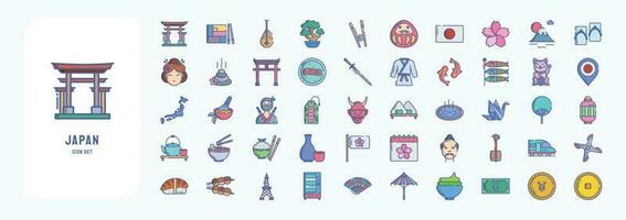 Japan country and culture icon set, including icons like Bento, Biwa, Bonsai, Chop stick and more vector