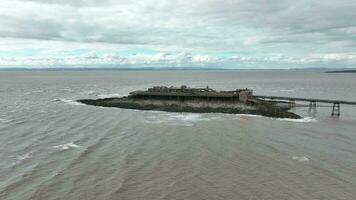 Derelict Birnbeck Pier in Weston Super Mare Aerial View video