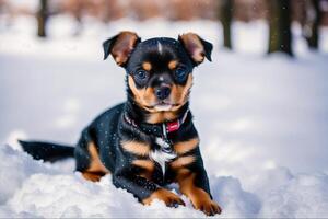 Funny English Toy Terrier dog in the autumn park. Black and brown color. photo