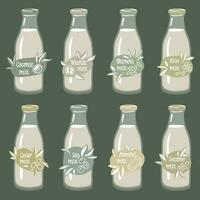 A set of labels for vegetable milk on glass bottles. Coconut, almonds, soy, walnut, rice, oatmeal, etc. Vector. A set of different types of vegetable milk - almond, rice, coconut, soy. Vegan vector