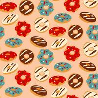 A pattern of donuts. Color simple illustration of flying donuts with different glazes. Sweet summer seamless background with vector illustrations of donuts. Background for printing textiles and paper