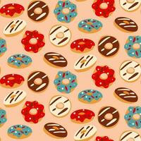 A pattern of donuts. Color simple illustration of flying donuts with different glazes. Sweet summer seamless background with vector illustrations of donuts. Background for printing textiles and paper