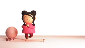 3D Young Girl Practicing Yoga Vrikshasana, Ball, Dumbbell, Drink Cup And Copy Space. png