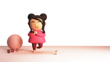 3D Young Girl Practicing Yoga Vrikshasana, Ball, Dumbbell, Drink Cup And Copy Space. png