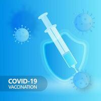 Covid-19 Vaccination Concept With Vaccine Syringe Attack To Coronavirus, Security Shield On Glossy Blue Background. vector