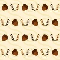 Repeat-less Acorn And Leaves Decorated On Wavy Pattern Background. vector