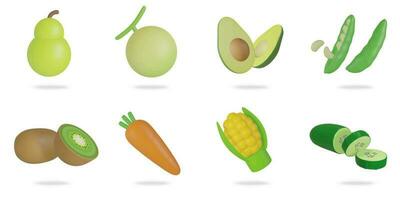 3d representación. frutas y vegetales icono conjunto en un blanco background.pera, melón, aguacate, frijoles, kiwi, zanahoria, pepino, maíz vector