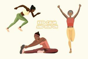 Flat style vector illustration depicting three beautiful African American girls who are engaged in jogging, including a warm-up. World running Day 3 June.