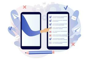 en línea encuesta concepto. minúsculo personas relleno en línea encuesta formar en teléfono inteligente aplicación realimentación servicio. Internet agrimensura, cuestionario, clientes votación. moderno plano dibujos animados estilo. vector ilustración