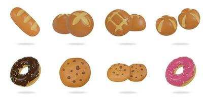 3d rendering. Bread icon set on a white background.baguette, boule bread, donut, cookie vector