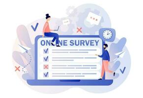 Online survey concept. Tiny people filling online survey form on laptop. Feedback service. Internet surveying, questionnaire, customers voting Modern flat cartoon style. Vector illustration