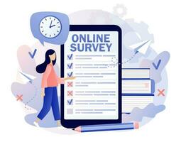 Online survey concept. Tiny woman filling online survey form in smartphone app. Feedback service. Internet surveying, questionnaire, customers voting. Modern flat cartoon style. Vector illustration