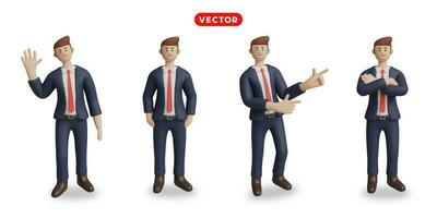 3D-rendering. On a white background, a businessman gestures, waving hands, pickpockets, crossed arms, and points. vector