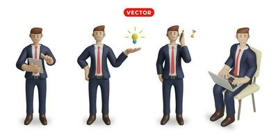 Representación 3D. en un blanco fondo, un empresario gestos a diapositiva el ipad, cheque el Progreso de trabajar, Persona especial ideas, hablar en el teléfono, y trabajo en el cuaderno. vector