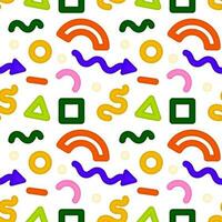 Seamless colorful pattern with squiggles and abstract geometric shapes in the style of 80-90s. Minimalistic background of colorful squiggles and shapes. For fabric, wallpaper or wrapping. Vector. vector