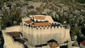 Aerial drone view of the medieval fortress Sokol Grad in Croatia. National monument. Historical visits. Vacations and holidays. Cultural place of interest. video