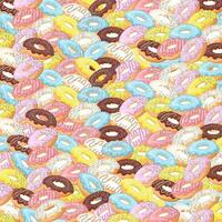 Colorful glazed donut pattern. Sweet birthday pastry. Confectionery dessert. For menu design,cafe decoration,delivery box,textile,wallpaper,fabric,decor. Vector illustration in flat style
