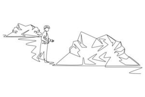 Continuous one line drawing a Muslim with his Ihram dress walk between the two mountains called Saee. Hajj and umrah concept. Single line draw design vector graphic illustration.