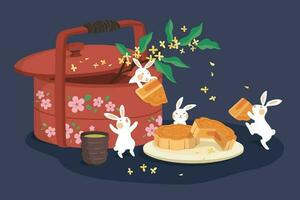medio otoño festival diseño. plano ilustración de jade conejos comiendo tartas de luna con caliente té y seco bocadillo como fiesta celebraciones vector