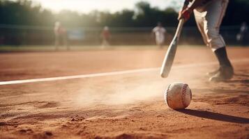 Baseball ball, competitor bat swing and speed on open air don field with group and obscure. Creative resource, photo