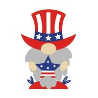 Cute patriotic gnome by July 4th. American Independence Day. A gray elf with a beard holds a star with the USA flag. Leprechaun in a traditional national hat. Cartoon vector clipart isolated on white