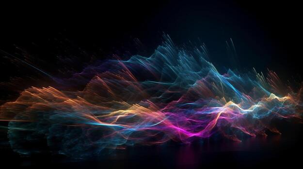 Progressed, neon colored, edifying lines crossing clouds at night over dim establishment. Creative resource, photo