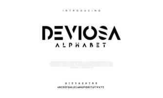 Deviosa abstract digital technology logo font alphabet. Minimal modern urban fonts for logo, brand etc. Typography typeface uppercase lowercase and number. vector illustration