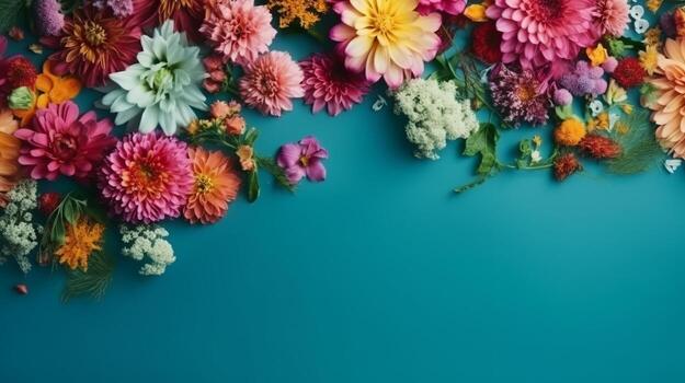 Spring blossom outline on blue foundation duplicate space level lay deride. Creative resource, photo