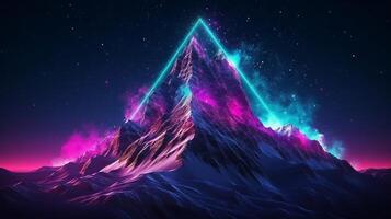 Theoretical, imaginative plan for backdrop, foundation and standard with pink neon triangle on crest of cold mountain at night with starry blue purple sky. Creative resource, photo