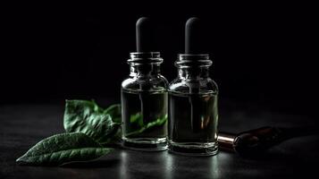 Obliging serum in a glass bottles with a pipette on a disheartening establishment with green takes off on a dim establishment. Creative resource, photo