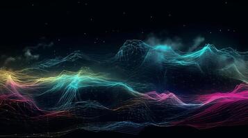 Advanced, neon colored, enlightening lines crossing clouds at night over dim foundation. Creative resource, photo