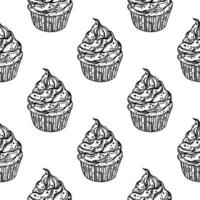 Cupcake seamless vector pattern. Delicious sweet dessert with cream, biscuit, sprinkle. Appetizing muffin for birthday, party, holiday. Food sketch. Black and white background for packaging, menu, web