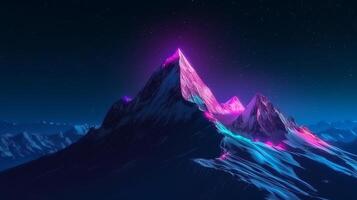 Hypothetical, inventive facilitate for see, foundation and standard with pink neon triangle on crest of cold mountain at night with starry blue purple sky. Creative resource, photo