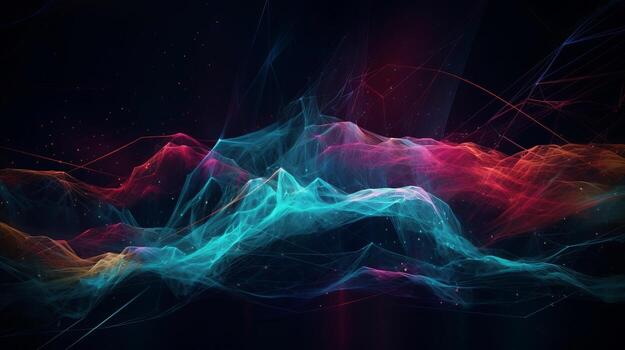 Advanced, neon colored, enlightening lines crossing clouds at night over dim foundation. Creative resource, photo