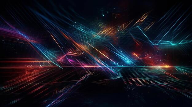 Progressed, neon colored, edifying lines crossing clouds at night over dim establishment. Creative resource, photo