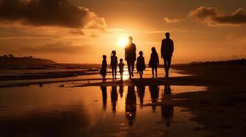 familia, puesta de sol y abierto discutir diagrama a orilla con niños y porteros juntos a mar para seguridad. creativo recurso, ai generado foto