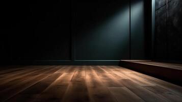 Cleanse light somber divider with stunning chiaroscuro and wooden floor. Shock in foundation for thing introduction. Creative resource, photo