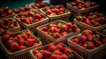 Parts of wicker holder with unused organized strawberries for bargain at agriculturists appear closeup. Creative resource, photo