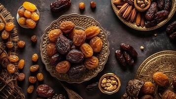 Eid al-Fitr occasion concept with sweet dried dates, standard things andgrades on shinning foundation. Creative resource, photo