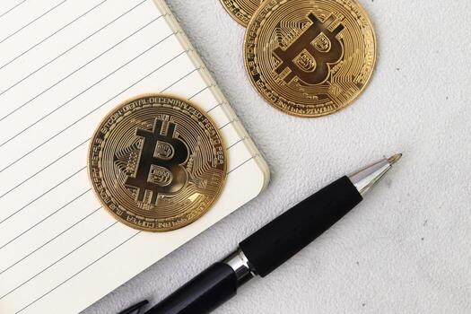 Top view of a pile of bitcoin with empty notebook and ballpoint. Cryptocurrency trading concept photo