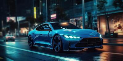 Electric Car driving on the road at night with neon lights, Motion blur cityscape background. photo