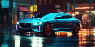 Electric Car driving on the road at night with neon lights, Motion blur cityscape background. photo